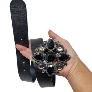 WHBM‎ Leather Belt L Black Silver Rhinestone Flower Medallion Buckle Glam